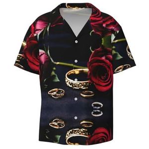 OdDdot Rode rozenprint herenoverhemden atletisch slim fit korte mouw casual zakelijk overhemd met knopen, Zwart, 4XL