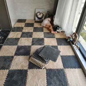 Zeyeo 10 Stuks 12 Inch Vierkante Pluche In Elkaar Grijpende Schuimpuzzelmatten, Zachte, Donzige Tapijttegels Voor Woonkamer En Slaapkamer, Gemakkelijk Schoon Te Maken(Light Brown+Grey)