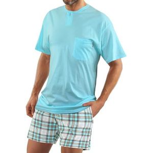 sesto senso Korte katoenen pyjama voor heren, nachtkleding, sets met korte mouwen, korte broek, T-shirt - Turquoise; Broek - Wit en Bruin geruit, L
