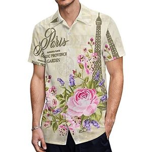 Eiffeltoren met lente bloeiende bloemen heren Hawaiiaanse shirts korte mouw casual shirt button down vakantie strand shirts 4XL