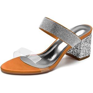 SYDZSW Bruiloftsschoenen Dikke Hak Bruidsschoenen Hoge Hakken Satijn Ivoor Sandalen Bruidsband met Strass 35-43, Oranje, 43 EU