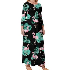 Leuke Retro Flamingo Grafische Plus Size Jurk Voor Vrouwen Casual Lange Mouwen Maxi Jurken