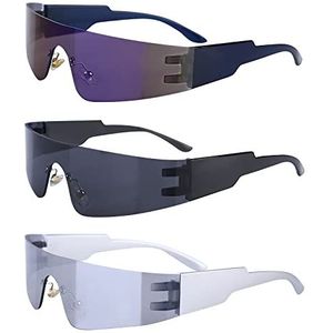 Vegena 3 paar futuristische zonnebrillen, futuristische bril, snelle bril, rave, frameloze partybril, ruimtebril, schaduwzonnebril voor heren en dames, voor rollenspellen, carnavalsfeesten