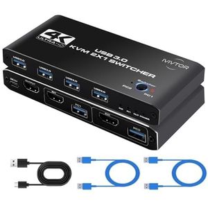 IVIVTOR USB HDMI KVMSwitch - 2 PC 1 monitor 4K@60Hz HDMI KVM-schakelaar met 4 USB 3.0-aansluitingen voor het delen van toetsenbord, muis, printer, scanner