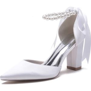 EICOFF Vrouwen Parel Trouwschoenen voor Bruid Hoge Hakken Puntige Teen Blok Hak Satijn Bruiloft Bruids Pompen Jurk Party Sandalen,Wit,35 EU