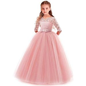 WOCINL Bloemenmeisjesjurk, kant/tule, 3/4 mouw, vloerlengte, voor prinsesverkiezing, verjaardagsfeest, communie, avondbal