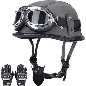 POICON Duitse Lederen Motorfiets Halve Helm Retro Halve Shell Helm JetHelm met Vizier Snelsluiting Gesp voor Cruiser Chopper Biker Moped ECE Goedkeuring 55-65 cm (Kleur: J1, Maat: XL (59-60 cm))