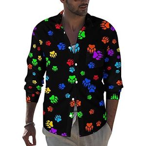 Kleurrijke beer voetafdrukken heren revers lange mouw overhemd button down print blouse zomer zak T-shirts tops XL
