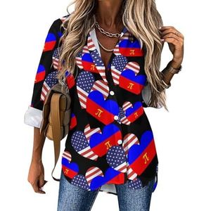 PI American Heart Flag Womens Blouses Hawaiiaanse Button Down Womens Tops Lange Mouw Shirts Tees M