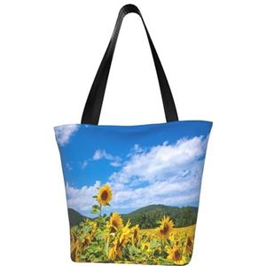 BeNtli Schoudertas, canvas draagtas grote tas vrouwen casual handtas herbruikbare boodschappentassen, zonnebloem zee en blauwe hemel witte wolken, zoals afgebeeld, Eén maat