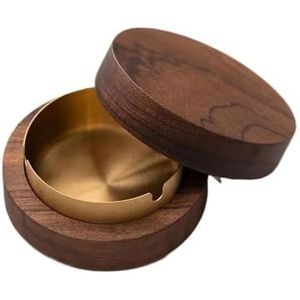 Houten asbak met deksel, roestvrijstalen voering, winddichte asbak, duurzaam, gemakkelijk schoon te maken, terras, kantoor, thuis, sigarenhouder (goud, 1 stuks)