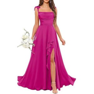 Dames chiffon bruidsmeisjes jurken met split lange galajurken ruches cocktailjurk plus size, roze (hot pink), 32
