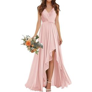 SAMHO Ruches V-hals bruidsmeisjes jurken met split chiffon lang korset A-lijn ruches bruiloft formele feestjurk, Blush Roze, 50
