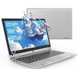 11,6 inch laptop – Celeron N4020 6 GB RAM 128 GB SSD, 360° opvouwbare touchscreen-laptop, 2,4/5 GHz WiFi, Bluetooth 4.2, W 11P, Mini HDMI, kleine laptop-uitbreiding via SD – zilver