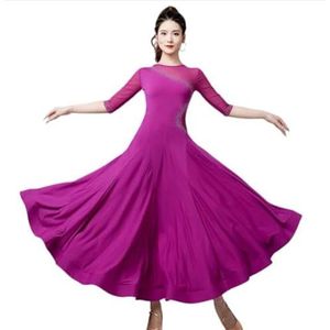 Yhsgscr Ballroom oefenjurk voor dames Middellange mouwen wals grote swing rok Mesh splicing Sociale danskleding Smooth Soft Flamenco foxtrot dansoutfit,Purper,3XL