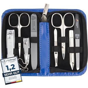 DREI SCHWERTER - Manicureset 'Roma' - nageletui met 8 instrumenten: nagelschaar, huidschaar, voet/vingernagelknipper, nagelreiniger, pincet, glazen nagelvijl, saffier nagelvijl - blauw