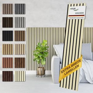 HEXIM Grande Akoestische panelen, 140 x 30 cm, set van 6 (2,518 m²), houten panelen, wandpanelen, 21 mm, geluidsisolatie van MDF, akoestisch vilt, wandbekleding, beige, Light Ash