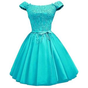 YIANN Off-shoulder satijnen thuiskomst jurken voor tieners met kanten applicatie mouwloze A-lijn baljurk korte galajurk, Turkoois, 32