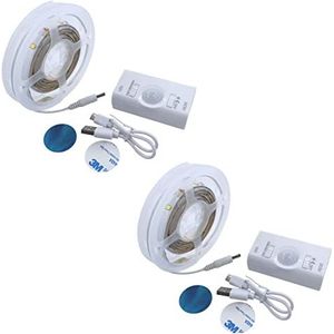Jandei 2 x LED-strips, 5 V, bewegingsmelder, 1 meter, zelfklevend, geen stopcontact nodig, nachtlampje voor kinderkamer, trap, kast, lade (USB-oplaadbaar - koud licht)