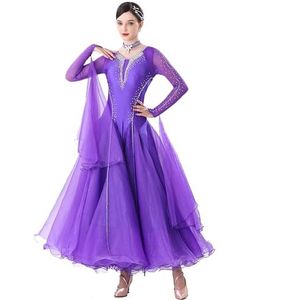 FZHQNZJF Standaard Balzaal Jurken voor Vrouwen Waltz Foxtrot Dansen Uitrusten Glanzend Flamenco Tango Concurrentie Kostuums Verfijnd Salsa Feest Danskleding met Mouw,Purper,3XL