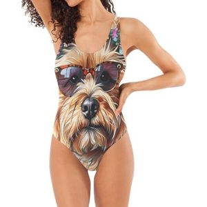 Klassieke Badpakken Uit één Stuk Voor Vrouwen Bloem Gekroonde Hond Met Zonnebril Beige U-vormige Rug Buikcontrole, Bloem gekroonde Hond Met Zonnebril Beige, XXL