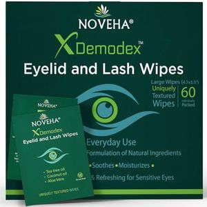NOVEHA - Demodex Ooglid- en Wimperdoekjes - Doos van 60 Individueel Verpakte Extra Sterkte Reinigingsdoekjes