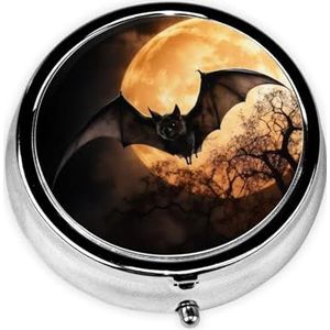 Stijlvolle ronde pillendoos Halloween vleermuis metalen pillendoos 3 compartimenten geneeskunde pillenhouder draagbare pillenorganizer doseerdoos, kleine pillendoos voor reizen voor portemonnee en zak