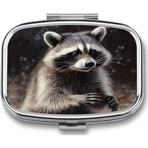 Pillendoos 2 compartimenten geneeskunde pillendoosje wasbeer bedrukt draagbare pillendoos reizen pillenorganisator voor zak portemonnee dagelijkse geneeskunde vitamine doos visolie doos supplementdoos