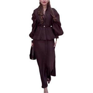 MLSHWUG Dames V-Hals Getailleerde Cardigan Top Met Tailleband En Puffmouwen Zachte Vloeiende Rokken 2-Delige Set,Bruin,L