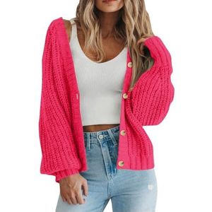 UPPJPBSW Dames Chunky Knit Trendy Casual Lantaarn Cardigans Trui Lange Mouw Open Voor Knopen Gebreide Bovenkleding Jassen,Hot pink,3X Large
