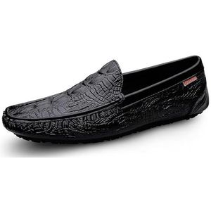Heren loafers schoen krokodil reliëf ronde neus leer comfortabele antislip platte hak klassieke casual instappers (Color : Black, Size : 43 EU)