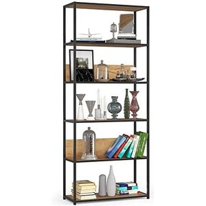 AKORD | Metalen rek 80 cm | Boekenkast | Ruimtebesparend | 6 planken | Metalen rekken | Robuust | Stabiel | Multifunctionele kast | Modern Zwart | Eiken Handwerk