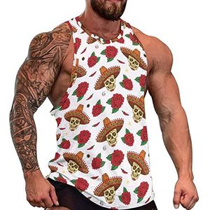 Mexico Candy Skull Rose Tanktop voor heren, mouwloos T-shirt, pullover, gymshirts, workout zomer T-shirt