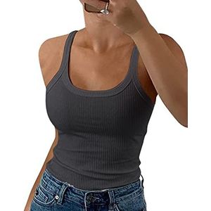 GEMBERA Vrouwen Spaghettiband Ronde Hals Geribbelde Tanktops Slank Getailleerd Katoenen Hemdje Basic Mouwloze Gelaagde Shirts, Donkergrijs, XL