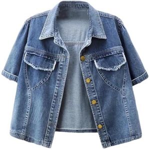 Pegsmio Vintage Gerafelde Pocket Korte Mouw Denim Jas Vrouwen Cowboy Bovenkleding Zomer Koreaanse Slanke Korte Jeans Jas, Donkerblauw, XL