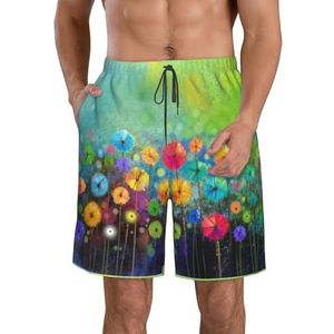 Abstracte stijl kleurrijke bloemenprint heren strandshorts zomer shorts met sneldrogende technologie, lichtgewicht en casual, Wit, M