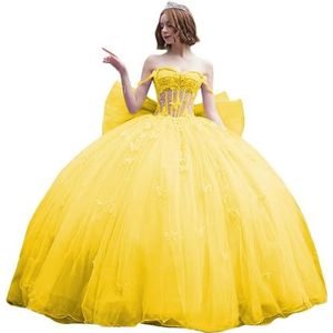 Fuomomo Quinceanera-jurk met dunne bandjes en vlinderglitter, Quinceanera-jurk met vlinders en grote strik, baljurk van kant met parels MT053, donkergeel, 50/grote maten