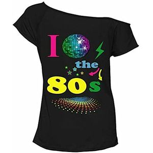 Dames Korte Mouwen Ik Liefde De 80s T Shirt Womens 1980s Retro Pop Star Tees Top, I Love 80s Globe Zwart, 46-48