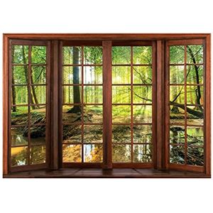 Fotobehang - Raam met Uitzicht Bos - 3D-effect - 368 x 254 cm - Vliesbehang Inclusief Behanglijm