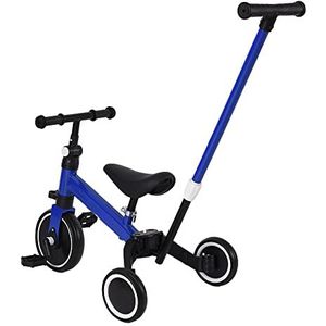3-in-1 driewieler kinderfiets, driewieler, met putters, vergroot lichaam, opvouwbare driewieler voor kinderen, driewieler voor baby's, 1-4 jaar, fiets (blauw, met duwstang)