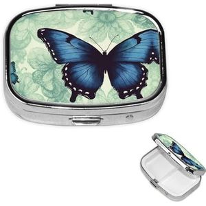Vierkante pillendoos draagbare metalen pillenetui 2 compartimenten kleine reizen pillenorganisator blauwe vlinder patroon vitamines houder organizer voor portemonnee zak
