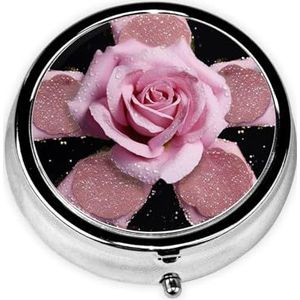 Pillendoosje met spiegel, retro pillendoosje met 3 vakken, glitter roze roos, kleine pillenorganizer voor portemonnee of zak, decoratieve metalen medicijnen, vitamine-organizer, unieke geschenken