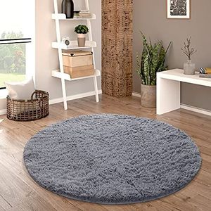 Hoogpolig Vloerkleed Rond Woonkamer Shaggy Modern Langpolig Imitatiebont Pluizig Effen, Maat:Ø 80 cm rondje, Kleur:Grijs