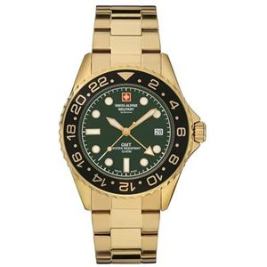 Swiss Alpine Military GMT analoog kwartshorloge voor heren, 7052, roestvrij staal, goud/zwart/groen - 1114sam, armband