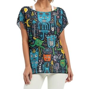 Kleurrijke leeuwen dier herhalend patroon vrouwen korte vleermuismouwen shirt ronde hals T-shirts losse tops voor meisjes, Patroon, S