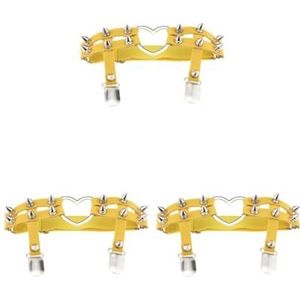3 Set van 1x Vrouwen Lederen Dubbele Riem Hart Kousenband Elastische Klinknagel Stud Been Jarretelgordel, Geel