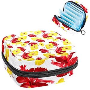 Geel Rood Gibiscus Bloemen Bloemen Patroon Periode Pouch Draagbaar,Tampon Opbergtas voor Maandverband, Meerkleurig, 4.7x6.6x6.6 in/12x17x17 cm