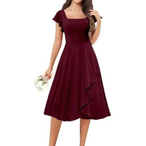 KURFACE Korte bruidsmeisjesjurken met fladdermouwen voor junioren ruches A-lijn knielengte cocktailjurk formele jurk, Bordeaux, 32
