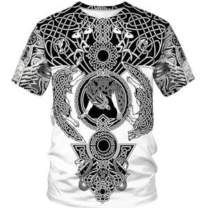 Middeleeuwse Viking Celtic Raven Shorts, Unisex 3D-geprinte Nordic Odin Warrior Fenrir Wolf Casual Harajuku Sport T-shirt, Pagan Beach Party Ademende Tops(White Fenrir T-shirt,S)