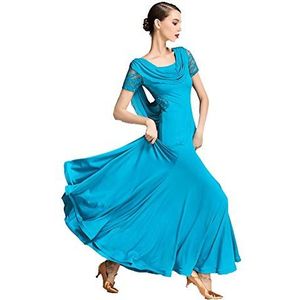 Kanten moderne danskleding met korte mouwen Nationale standaard dansjurken Grote swing lange jurken (Color : Peacock Blue, Size : L)
